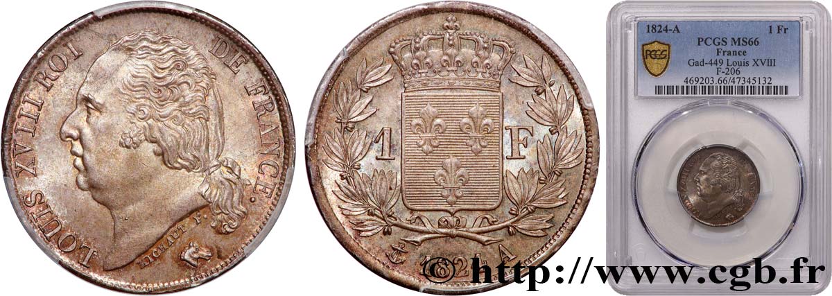 1 franc Louis XVIII 1824 Paris F.206/56 ST66 PCGS