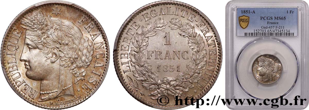 1 franc Cérès, IIe République 1851 Paris F.211/9 MS65 PCGS