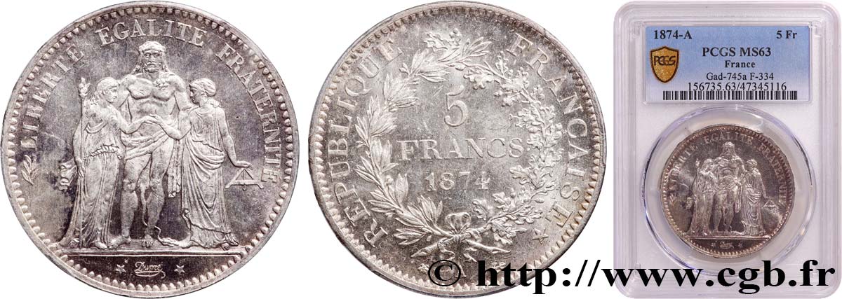 5 francs Hercule 1874 Paris F.334/12 SC63 PCGS