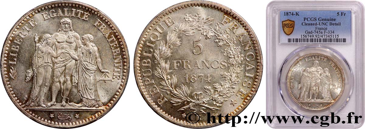 5 francs Hercule 1874 Bordeaux F.334/13 SPL+ PCGS