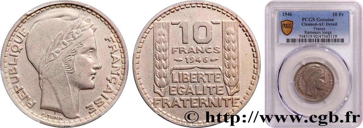 10 francs Turin, grosse tête, rameaux longs 1946 Paris F.361/3 AU PCGS