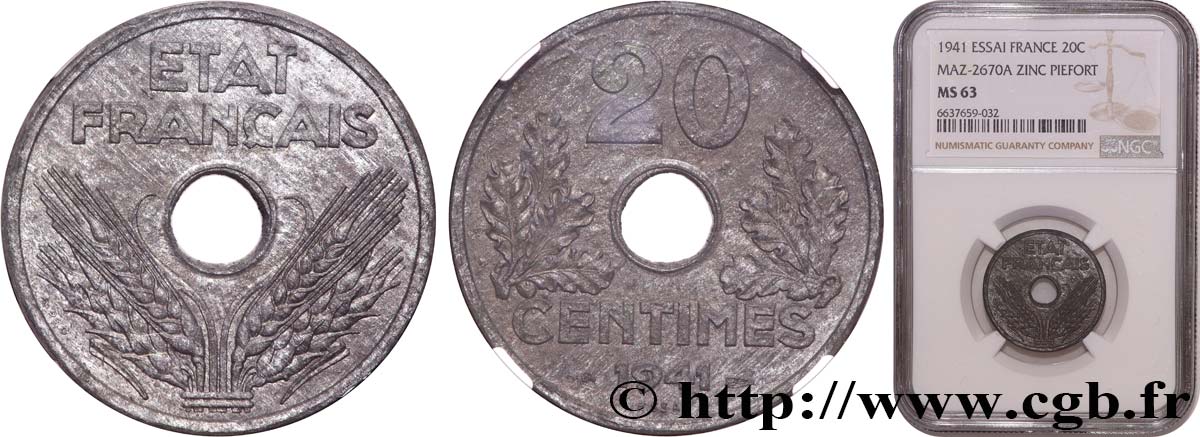 Essai-piéfort de 20 centimes État français 1941 Paris GEM.52 EP MS63 NGC
