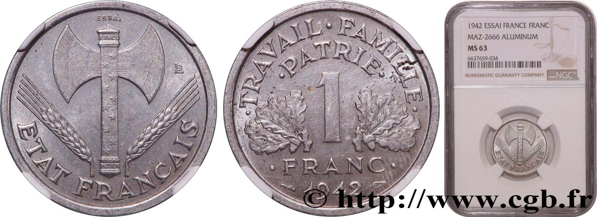 Essai de 1 franc Francisque, lourde 1942 Paris F.222/1 MS63 NGC