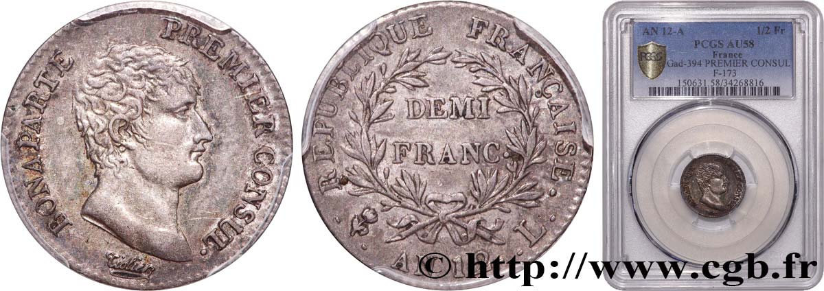 Demi-franc Bonaparte Premier Consul 1804 Bayonne F.173/9 AU58 PCGS
