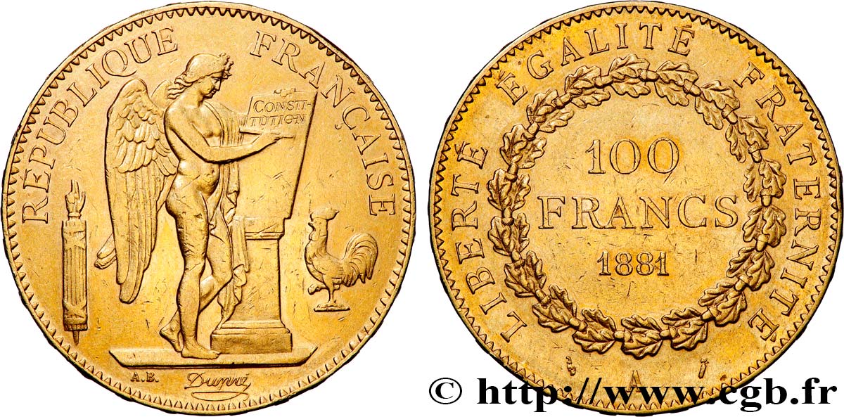 100 francs or Génie, tranche inscrite en relief Dieu protège la France 1881 Paris F.552/4 MBC 