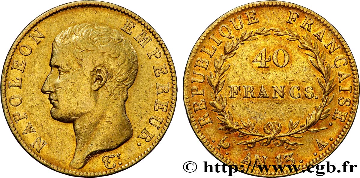 40 francs or Napoléon tête nue, Calendrier révolutionnaire 1805 Paris F.537/1 TTB+ 