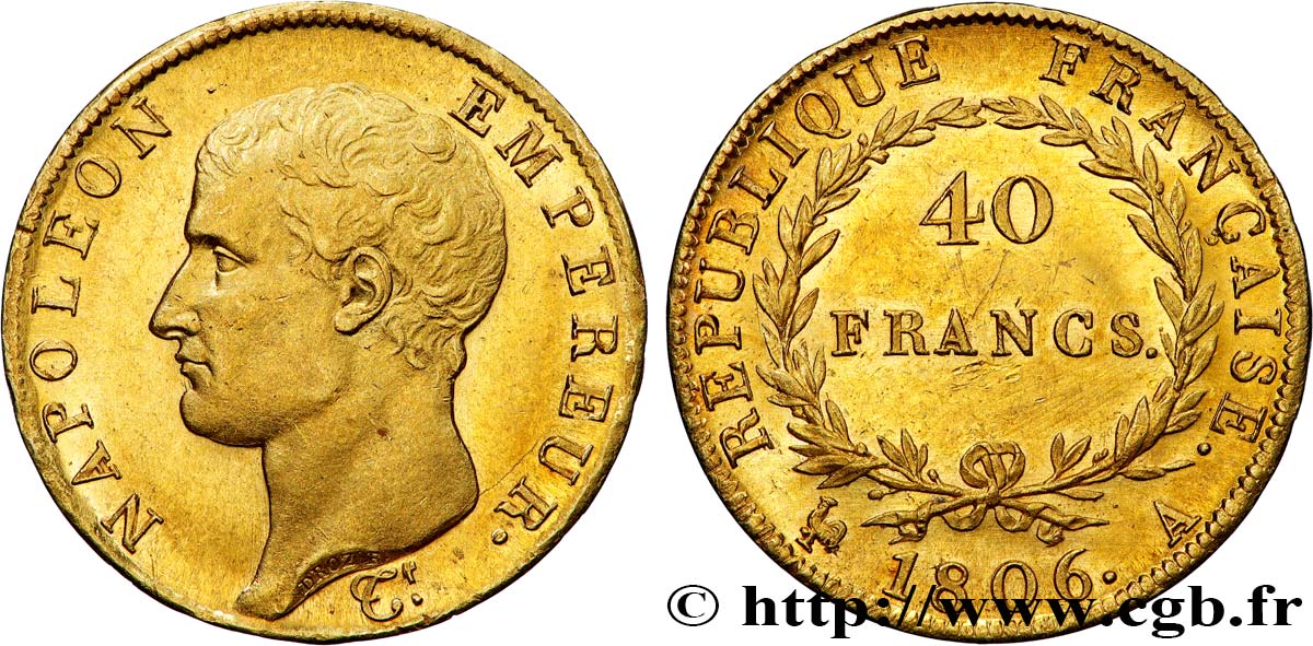 40 francs or Napoléon tête nue, Calendrier grégorien 1806 Paris F.538/1 EBC+ 