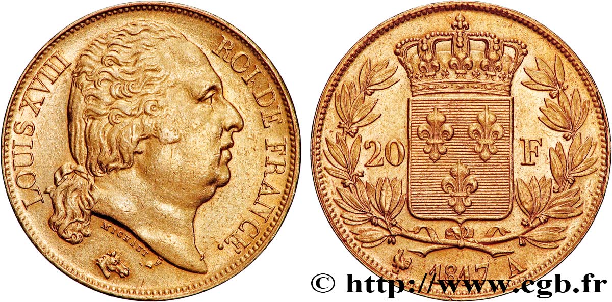 20 francs or Louis XVIII, tête nue 1817 Paris F.519/5 AU 