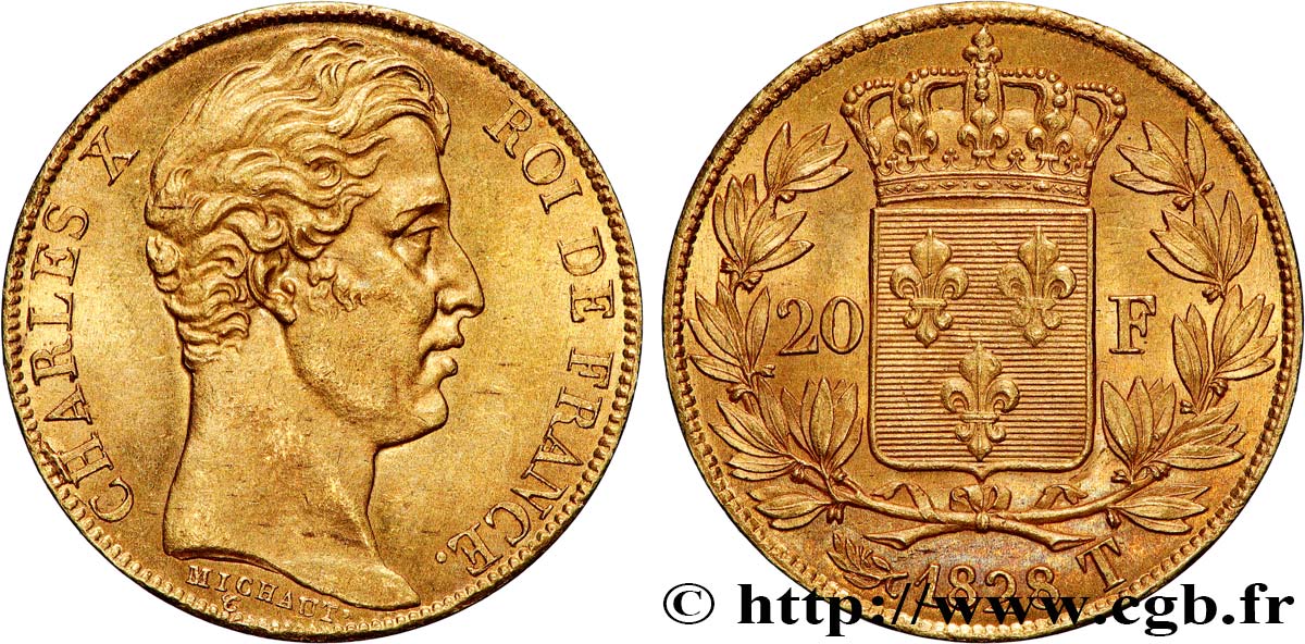 20 francs or Charles X 1828 Nantes F.520/9 EBC61 