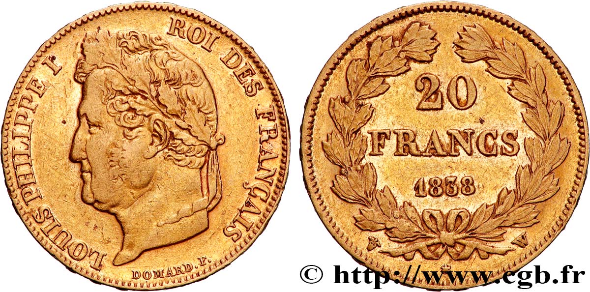 20 francs or Louis-Philippe, Domard 1838 Lille F.527/19 XF 