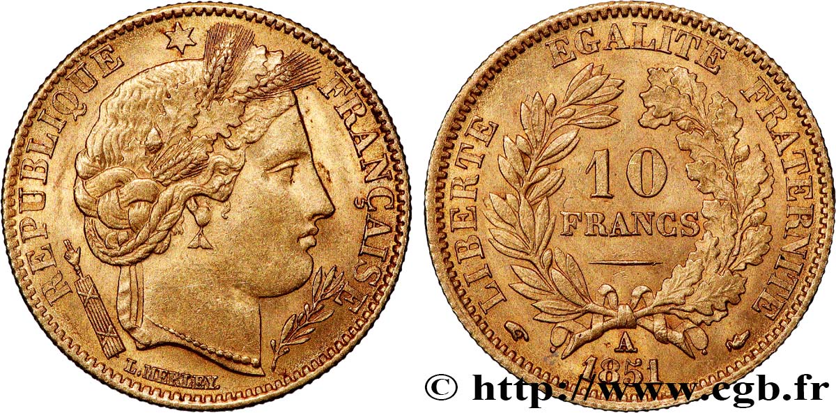 10 francs or Cérès, IIe République 1851 Paris F.504/3 SUP60 