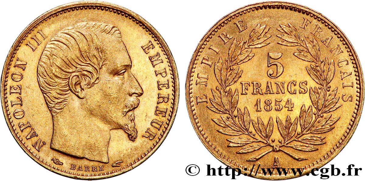 5 francs or Napoléon III, tête nue, petit module, tranche lisse 1854 Paris F.500/1 VZ61 