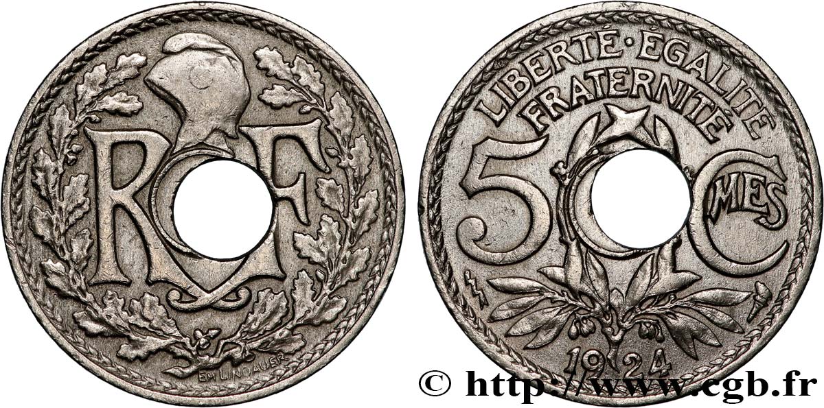 5 centimes Lindauer, petit module, perforation décentrée 1924 Poissy F.122/9 var. TB+ 