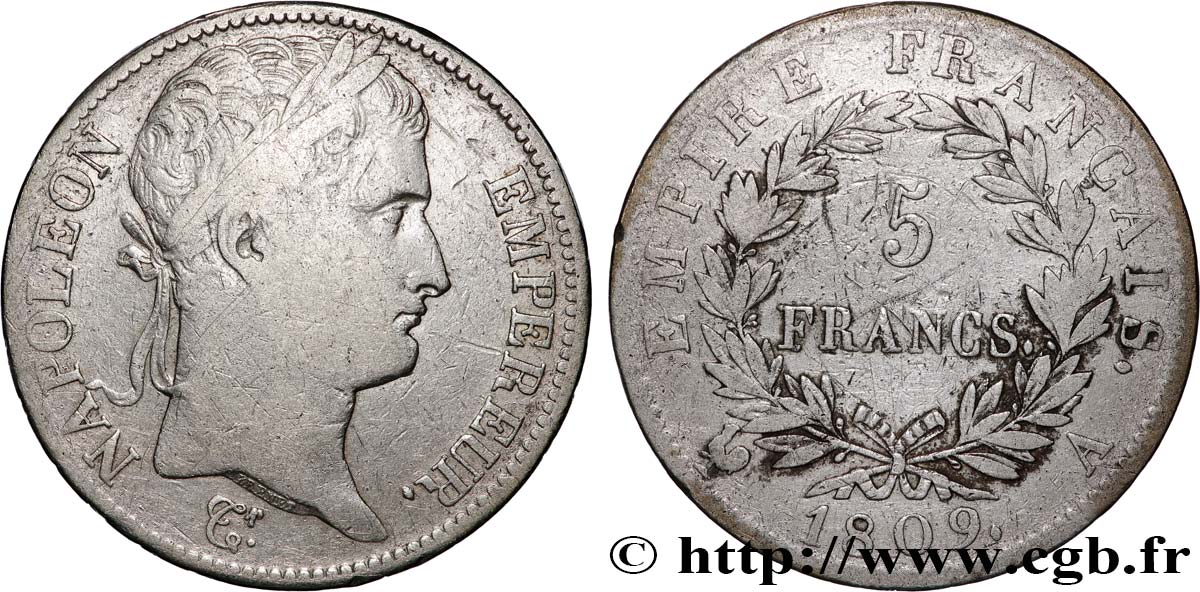 5 francs Napoléon Empereur, Empire français 1809 Paris F.307/1 TB 