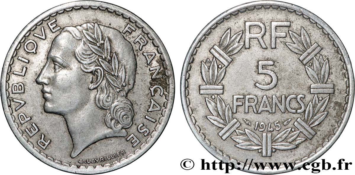 5 francs Lavrillier, aluminium, 9 ouvert 1945  F.339/3 MBC 