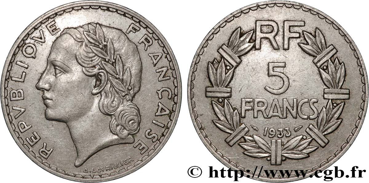 5 francs Lavrillier, nickel 1933  F.336/2 SS 