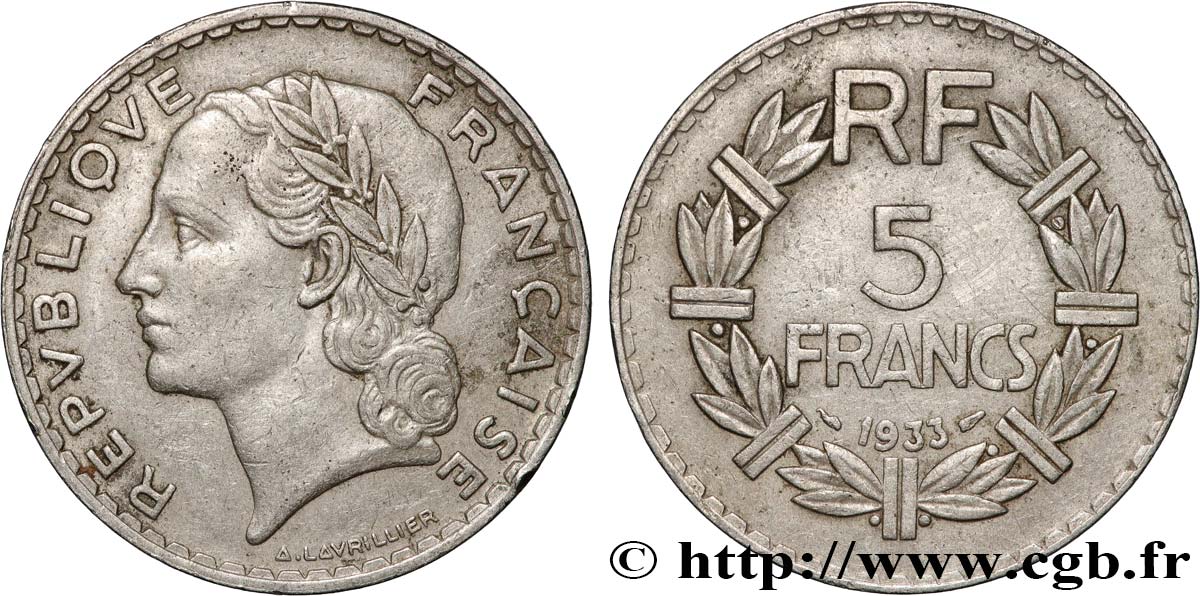 5 francs Lavrillier, nickel 1933  F.336/2 VF 