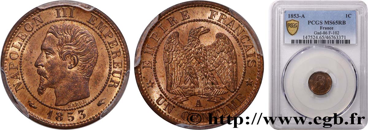 Un centime Napoléon III, tête nue 1853 Paris F.102/1 MS65 PCGS
