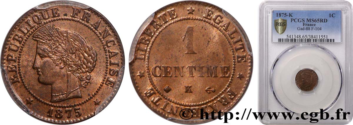 1 centime Cérès 1875 Bordeaux F.104/5 FDC65 PCGS