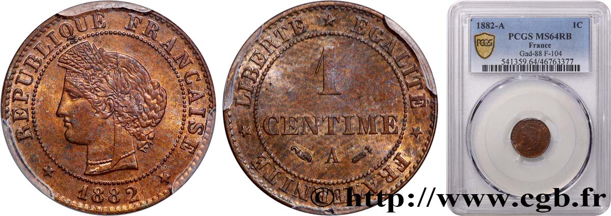 1 centime Cérès 1882 Paris F.104/10 SPL64 PCGS