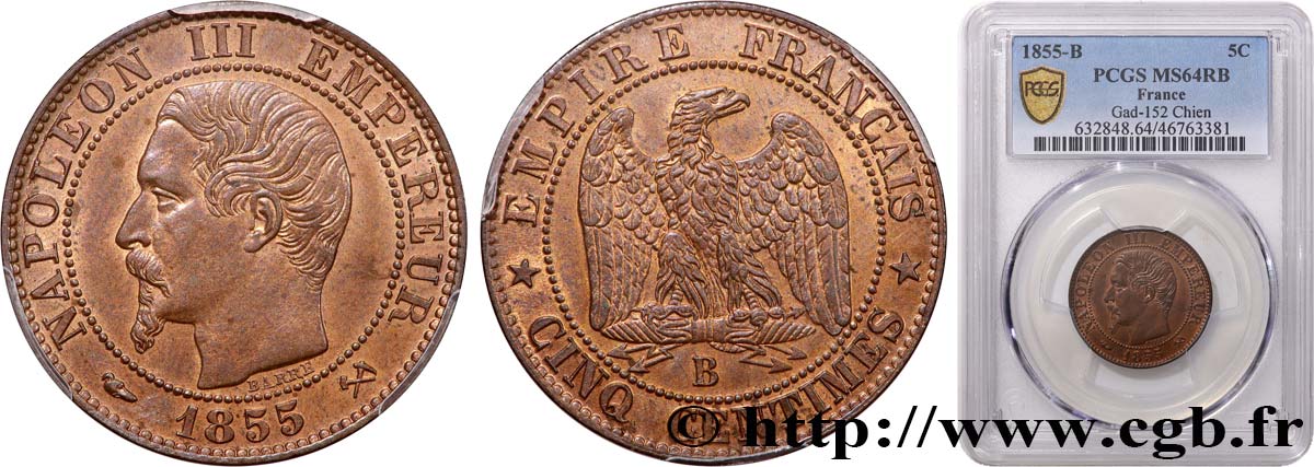 Cinq centimes Napoléon III, tête nue 1855 Rouen F.116/18 MS64 PCGS