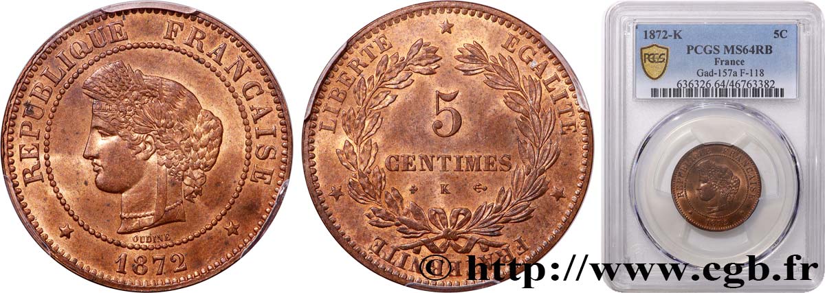 5 centimes Cérès 1872 Bordeaux F.118/6 SPL64 PCGS