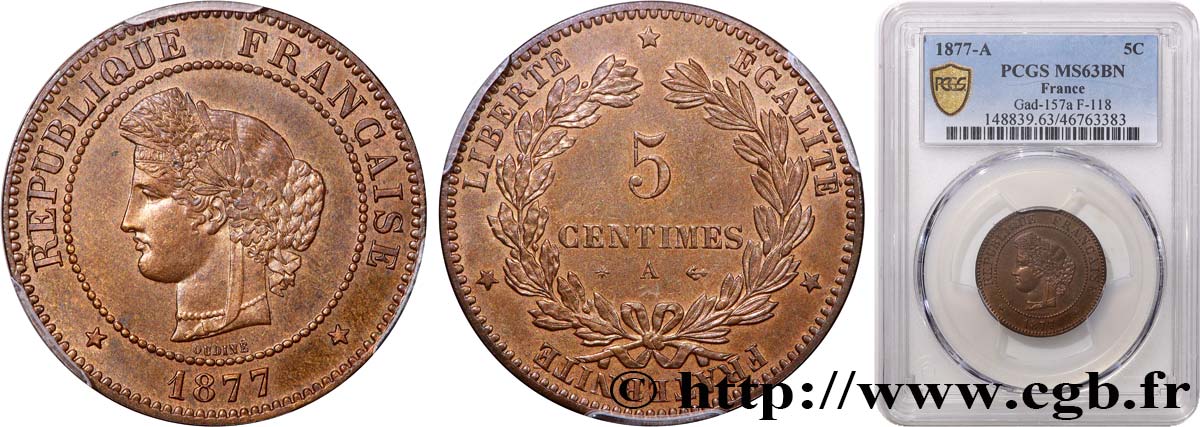 5 centimes Cérès 1877 Paris F.118/15 MS63 PCGS