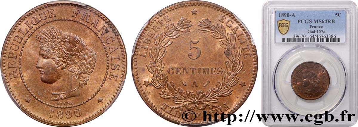 5 centimes Cérès 1890 Paris F.118/32 SC64 PCGS