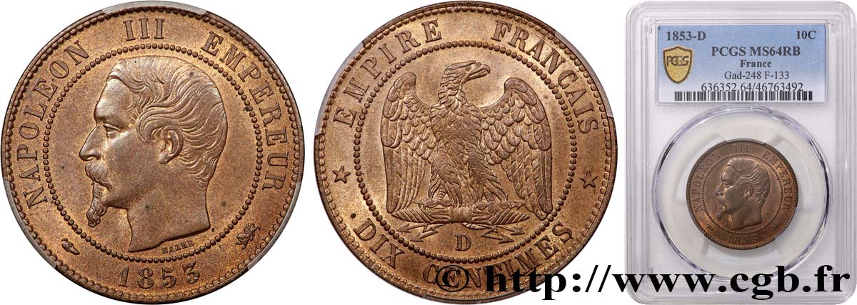 Dix centimes Napoléon III, tête nue 1853 Lyon F.133/5 fST64 PCGS