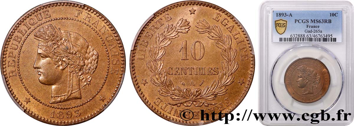 10 centimes Cérès 1893 Paris F.135/38 fST63 PCGS