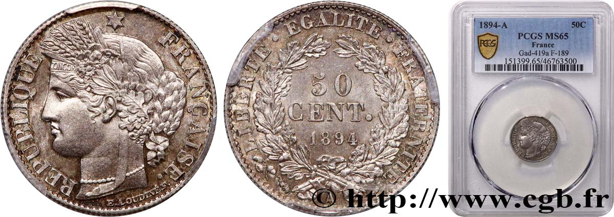 50 centimes Cérès, Troisième République 1894 Paris F.189/15 MS65 PCGS