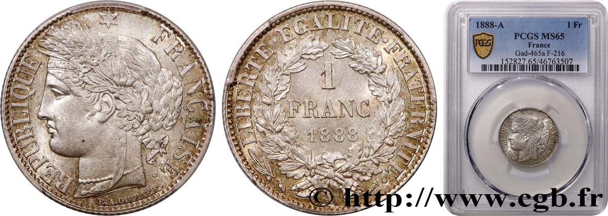 1 franc Cérès, IIIe République 1888 Paris F.216/10 ST65 PCGS