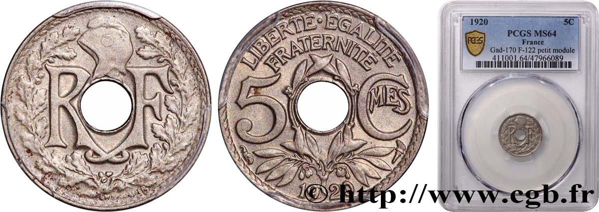 5 centimes Lindauer, petit module 1920  F.122/2 SPL64 PCGS