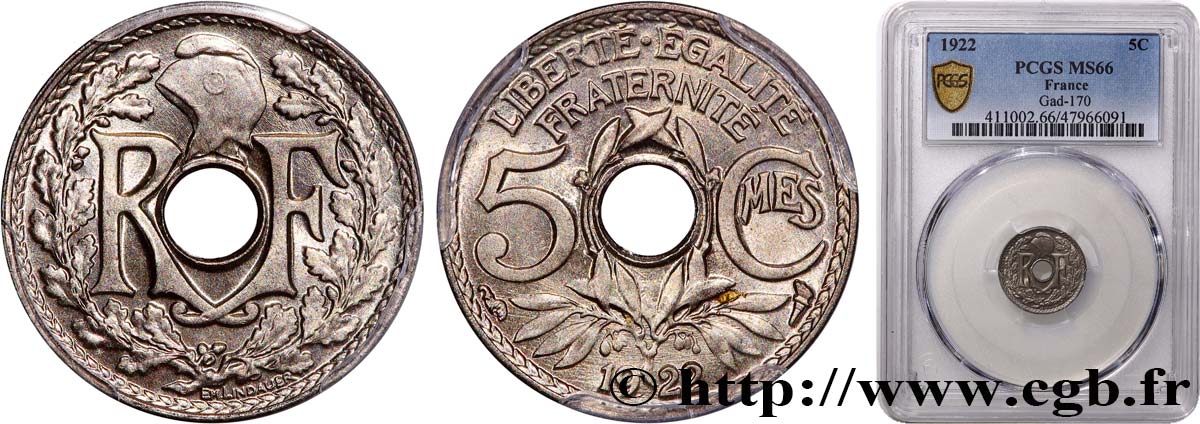 5 centimes Lindauer, petit module 1922 Paris F.122/4 FDC66 PCGS