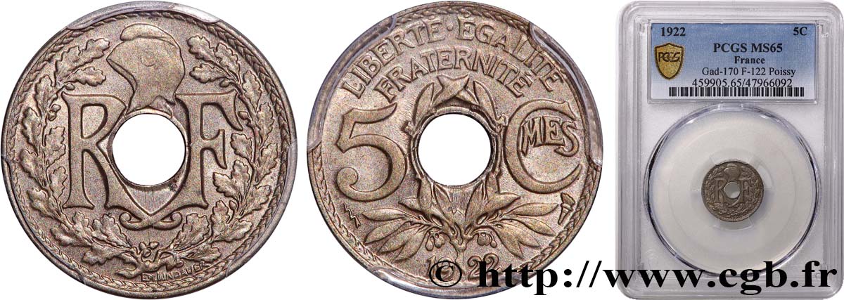 5 centimes Lindauer, petit module 1922 Poissy F.122/5 MS65 PCGS