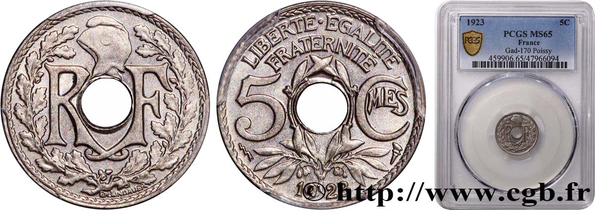 5 centimes Lindauer, petit module 1923 Poissy F.122/7 FDC65 PCGS