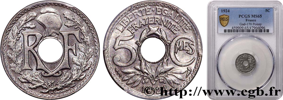 5 centimes Lindauer, petit module 1924 Poissy F.122/9 ST65 PCGS