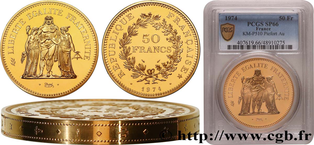 Piéfort or de 50 francs Hercule 1974  GEM.223 P2 ST66 PCGS
