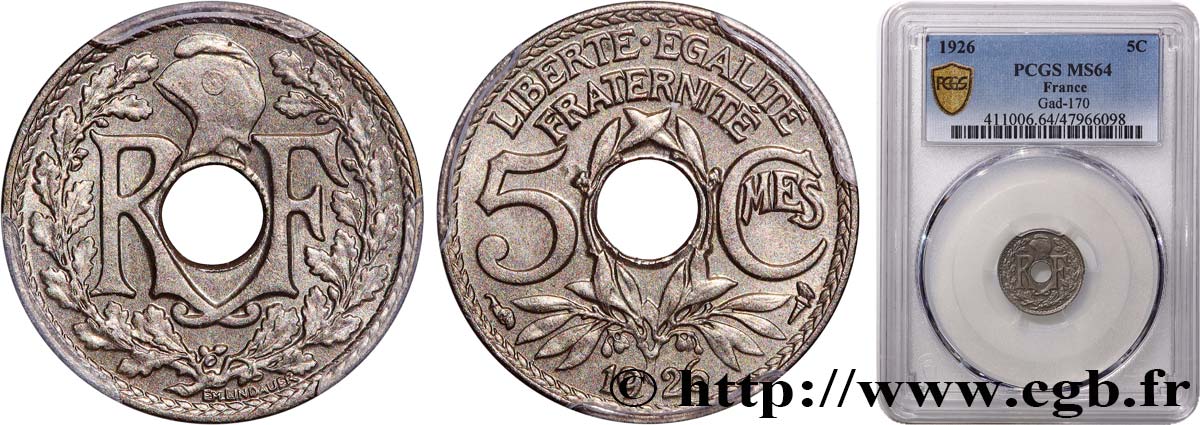 5 centimes Lindauer, petit module 1926  F.122/11 SPL64 PCGS