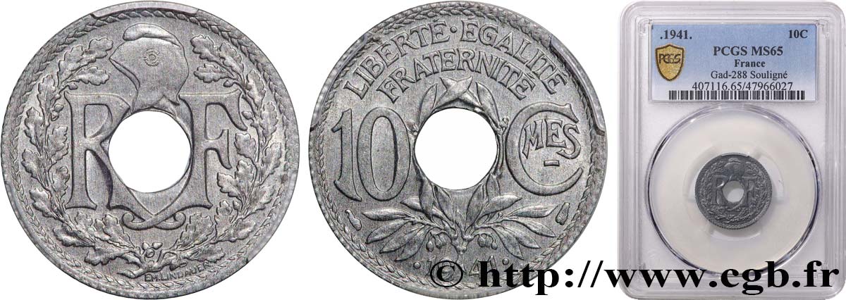 10 centimes Lindauer en zinc, Cmes souligné et millésime avec points 1941  F.140/2 MS65 PCGS