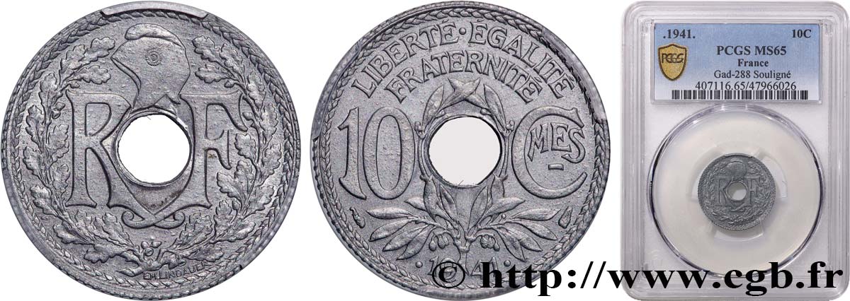 10 centimes Lindauer en zinc, Cmes souligné et millésime avec points 1941  F.140/2 MS65 PCGS