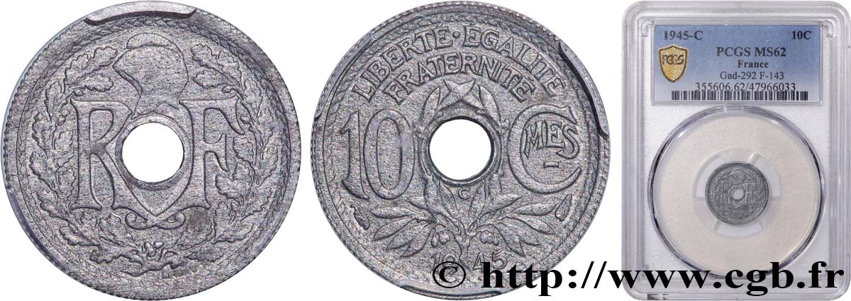 10 centimes Lindauer, petit module 1945 Castelsarrasin F.143/4 MS62 PCGS