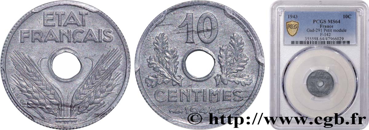 10 centimes État français, petit module 1943  F.142/2 MS64 PCGS