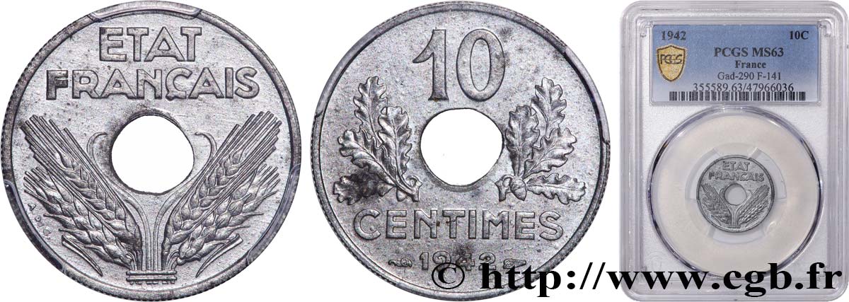 10 centimes État français, grand module 1942  F.141/4 fST63 PCGS