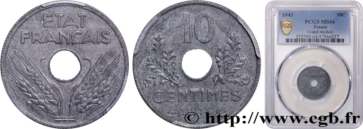 10 centimes État français, grand module 1943  F.141/5 SPL64 PCGS
