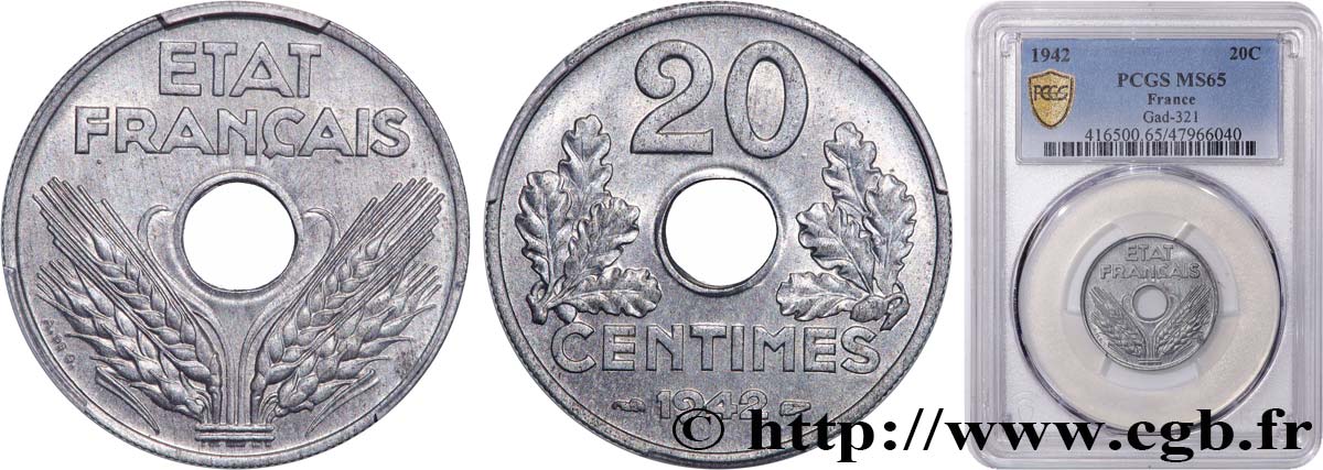 20 centimes État français 1942  F.153/4 MS65 PCGS