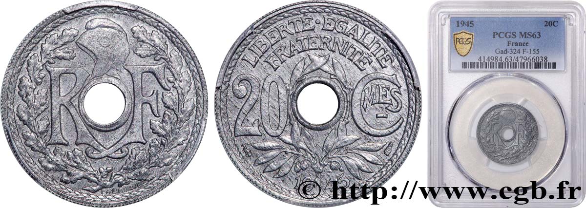20 centimes Lindauer 1945  F.155/2 SPL63 PCGS
