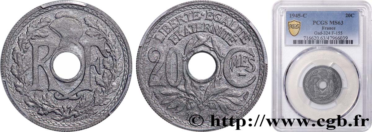 20 centimes Lindauer Zinc 1945 Castelsarrasin F.155/4 SPL63 PCGS