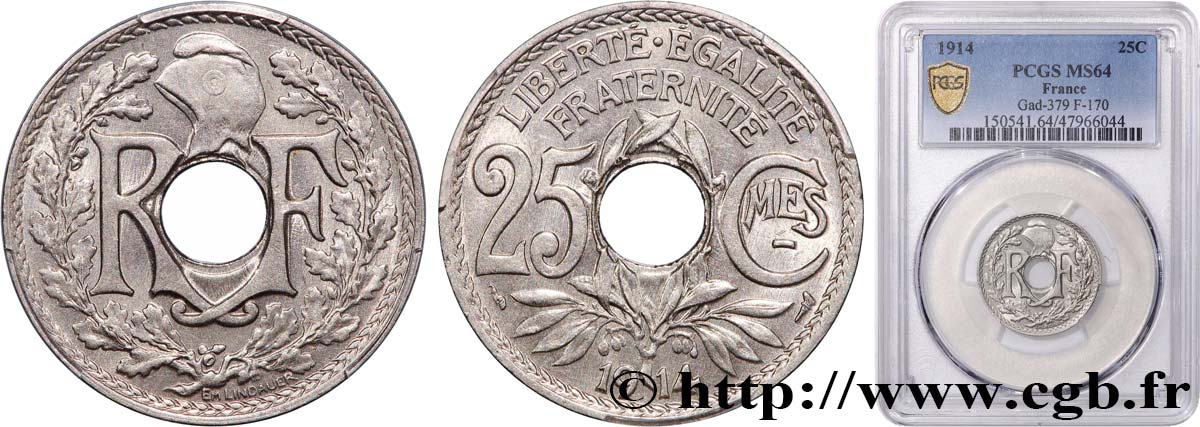 25 centimes Lindauer, Cmes souligné 1914  F.170/2 SPL64 PCGS