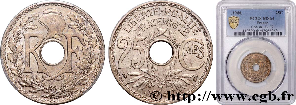 25 centimes Lindauer, maillechort 1940  F.172/4 MS64 PCGS